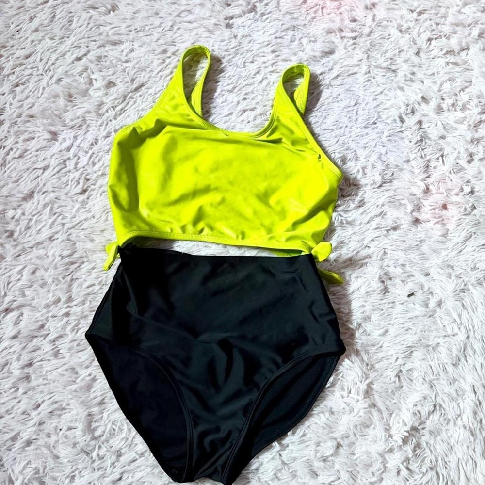 Neon Colorblock Retro Rave Pinup Colorful Cutout Tie One Piece Swimsuit Girls XL